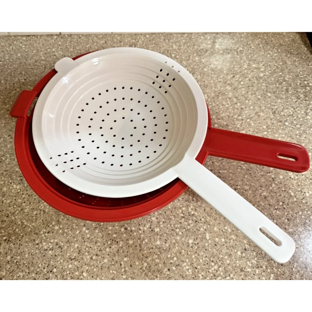 Tupperware Double Colander Strainer 2 Quart Red & White Pasta Spaghetti